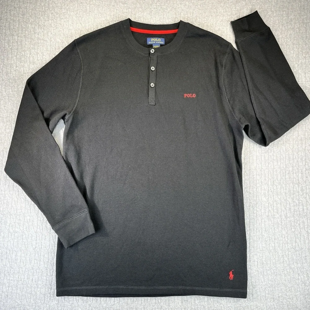 Polo Ralph Lauren Men's (L) waffle knit thermal‎ long sleeve polo black shirt